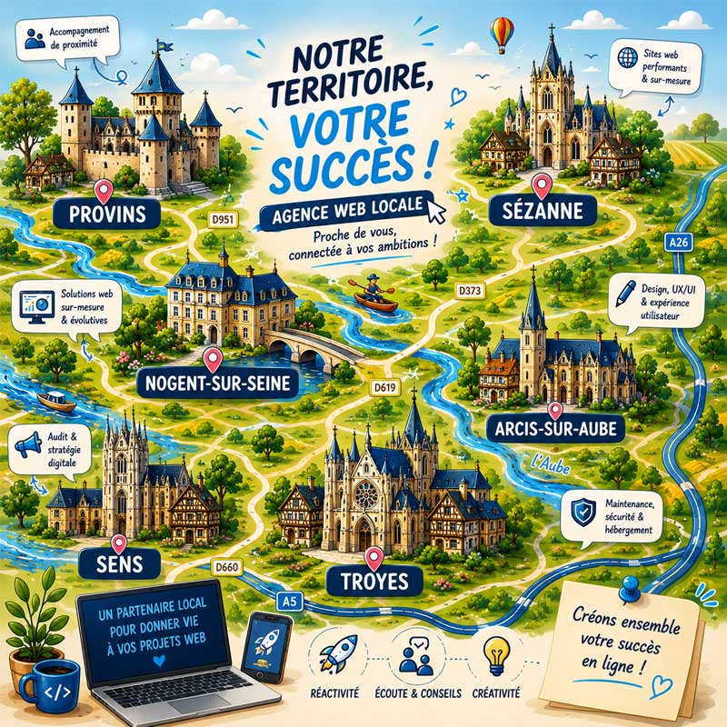 Carte illustrant la zone d'intervention de notre agence web à Nogent-sur-Seine, spécialisée en création de sites internet, SEO local, e-commerce et communication digitale dans l'Aube et les départements voisins.